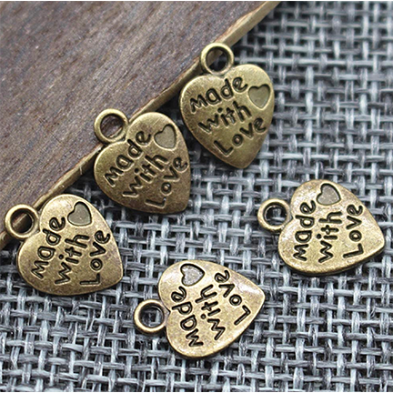 Charm, Bronze Heart "Made With Love" & Brad, Set of 10, by Just Charming