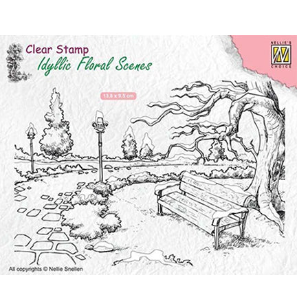 Idyllic Floral Scene Wintery Park with Bench Stamp by Nellie's Choice